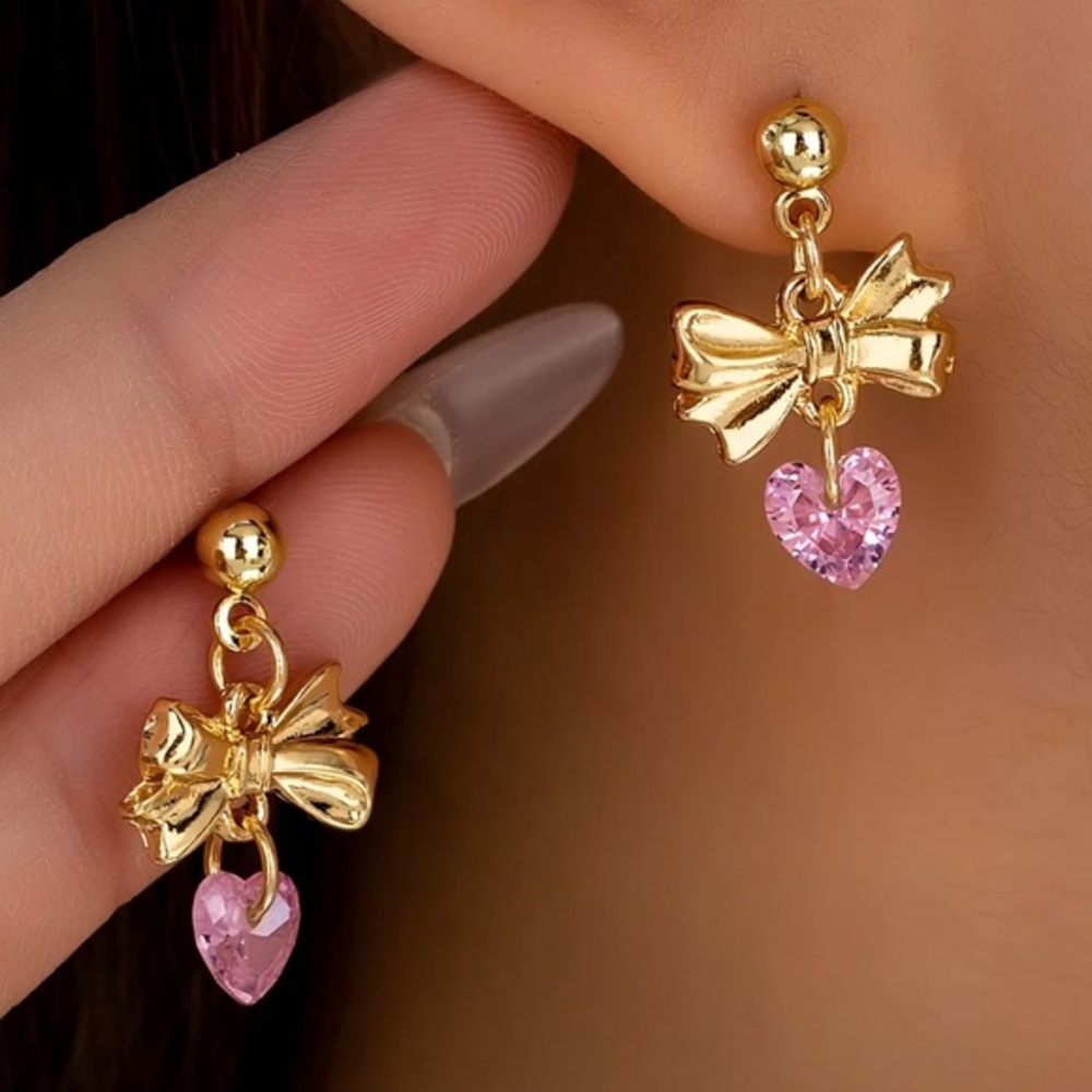 Gold Bow Pink Heart Drop Earrings Coquette Charm Studs NWT